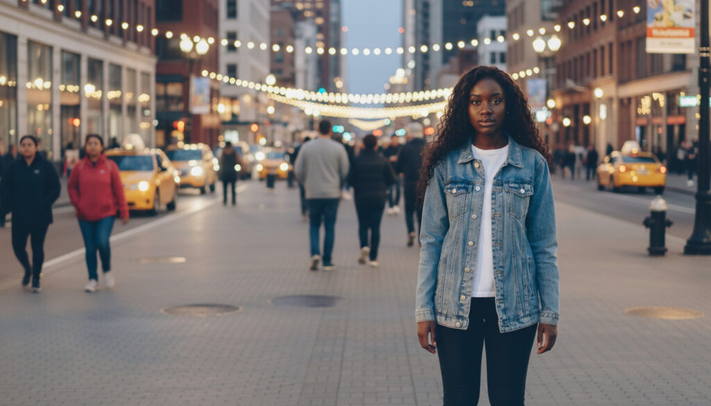Young woman standing alone while other people walk by.